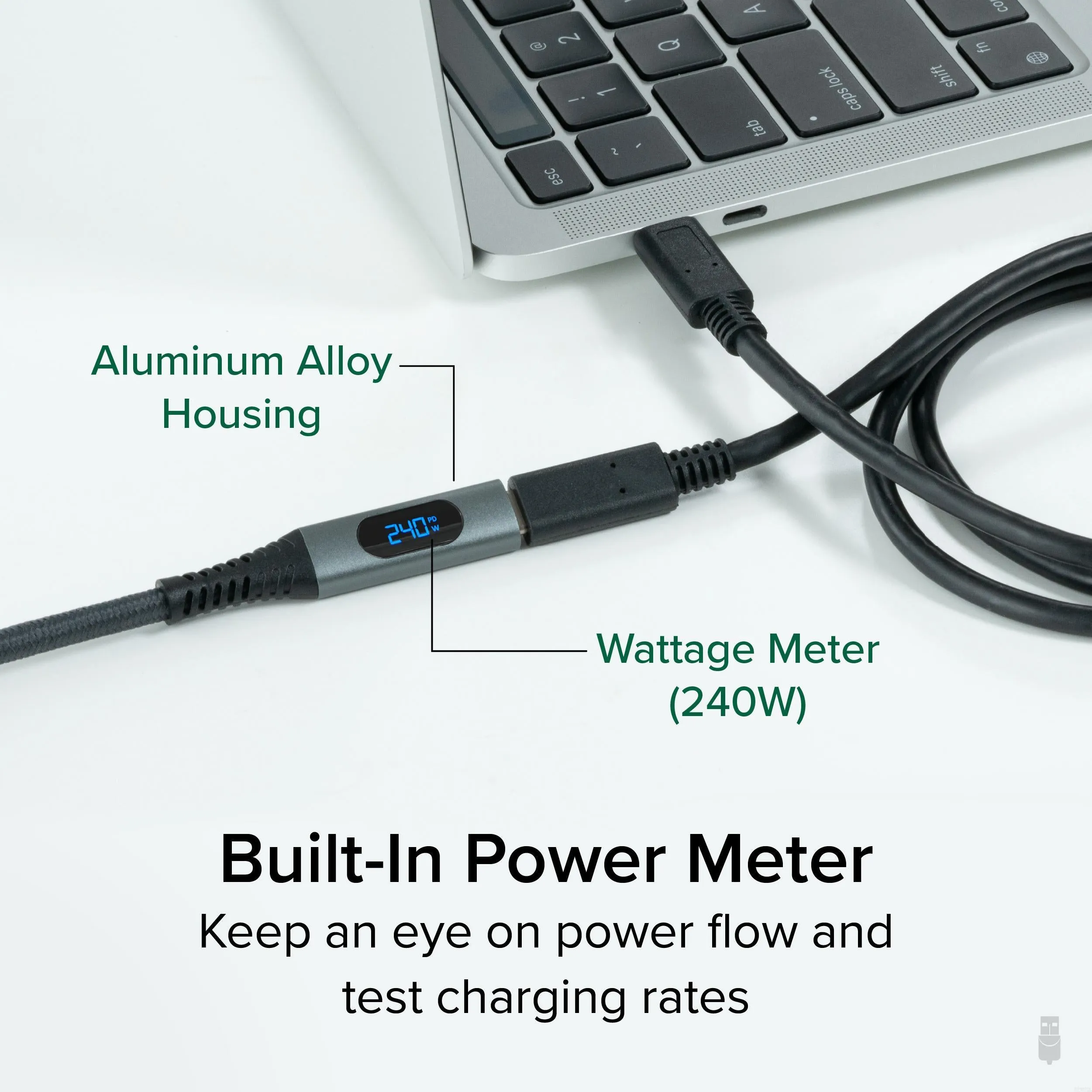 Plugable USB-C Extension Cable with Built-In Multimeter Tester, Fast Charging, 3.3 ft