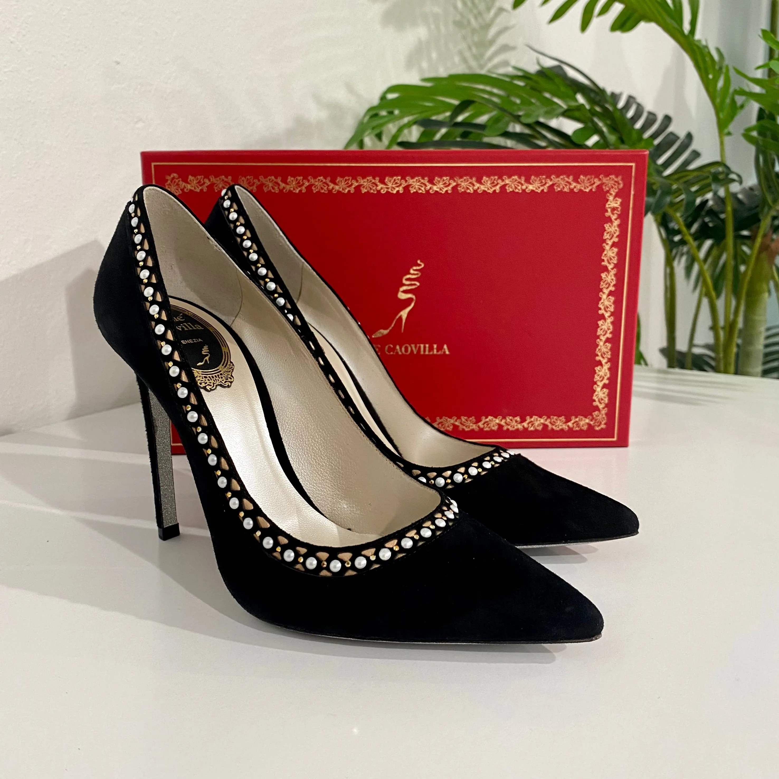 Rene Caovilla Black Suede Pearl Heels