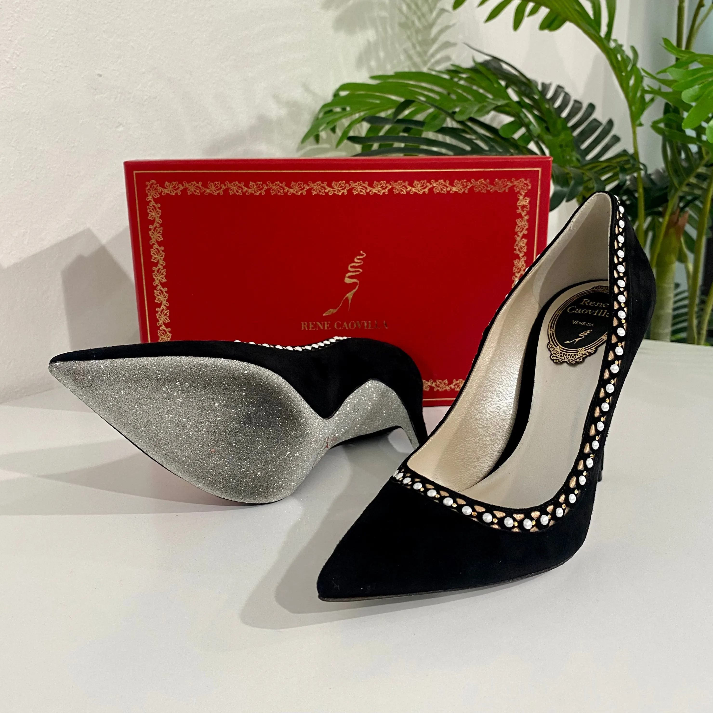 Rene Caovilla Black Suede Pearl Heels
