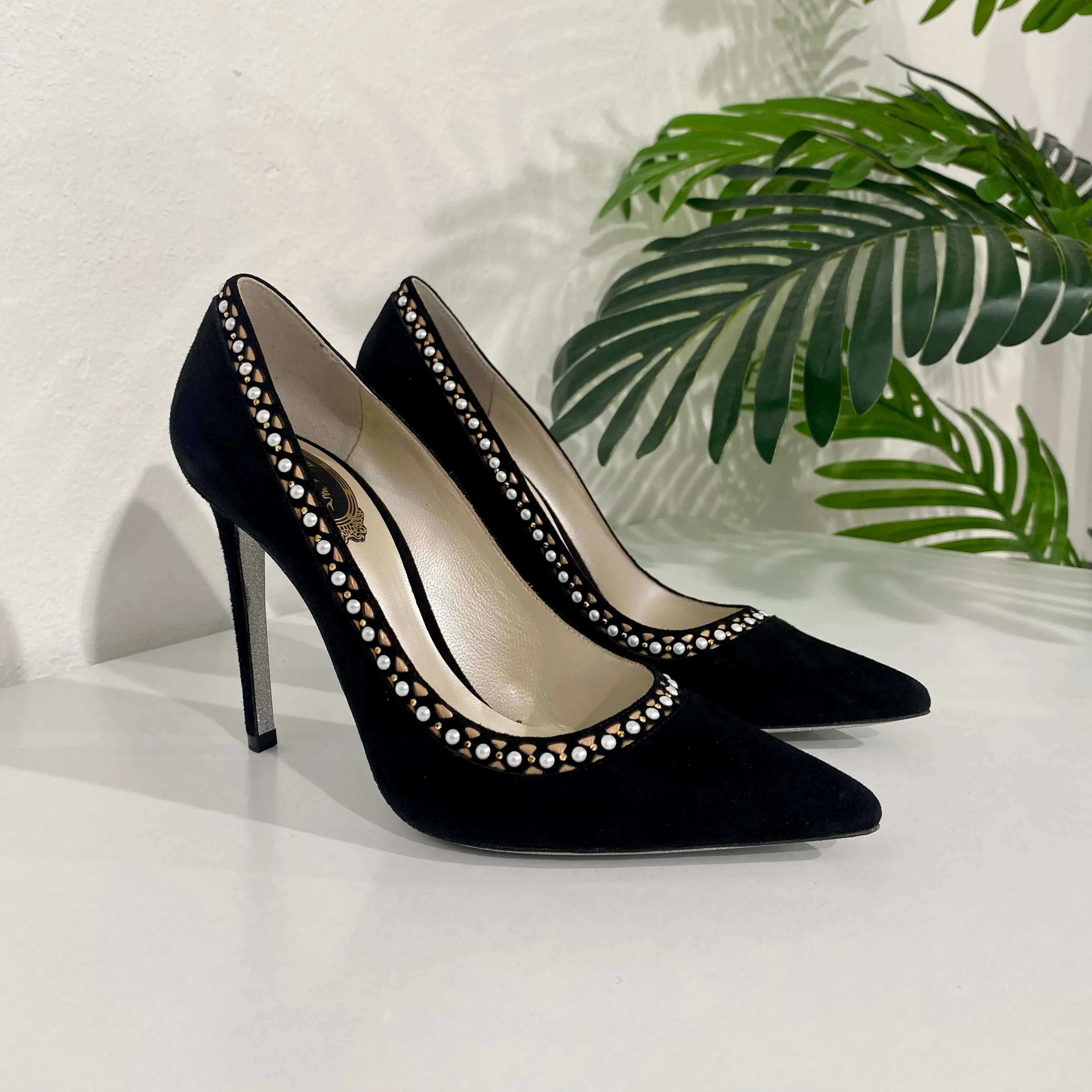 Rene Caovilla Black Suede Pearl Heels