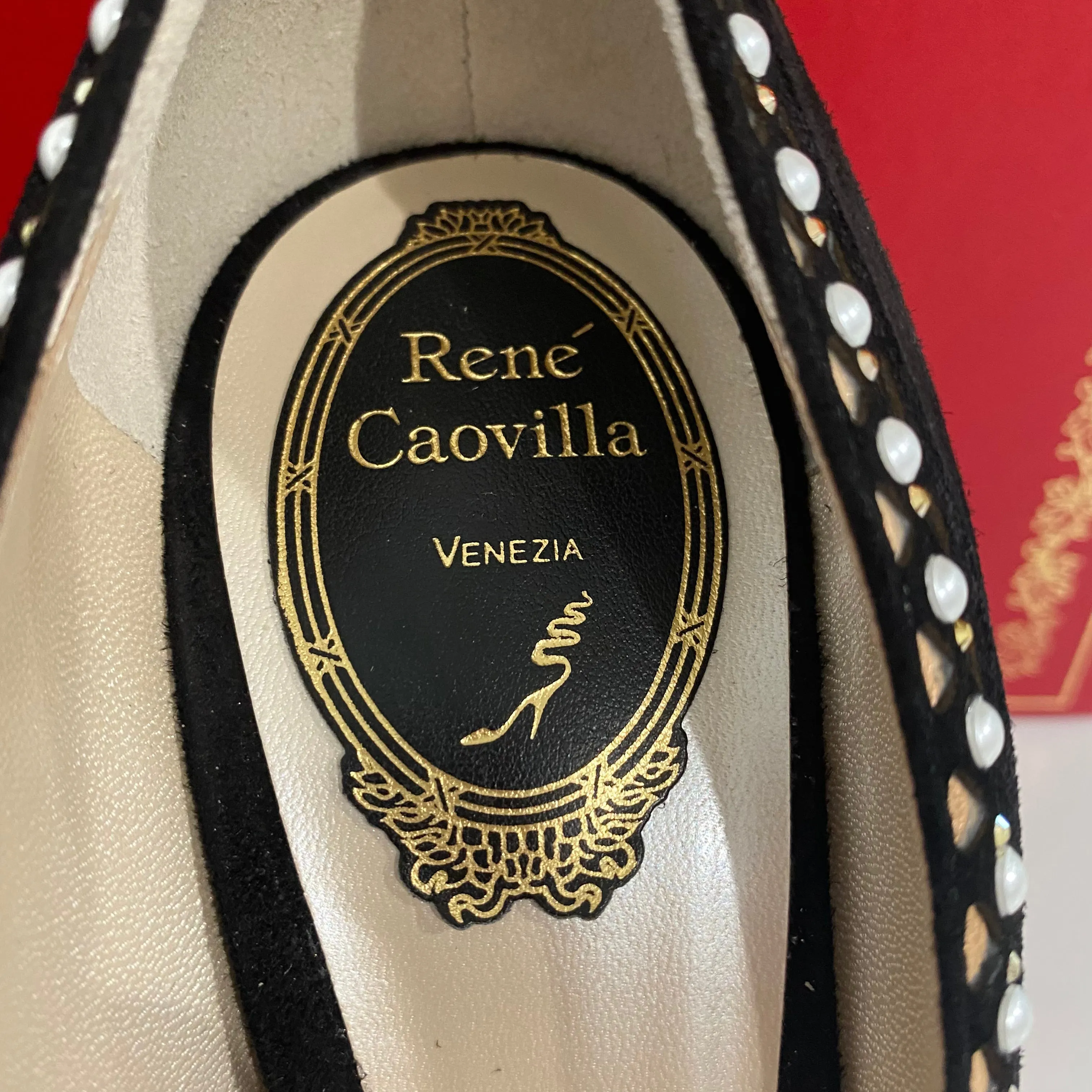 Rene Caovilla Black Suede Pearl Heels