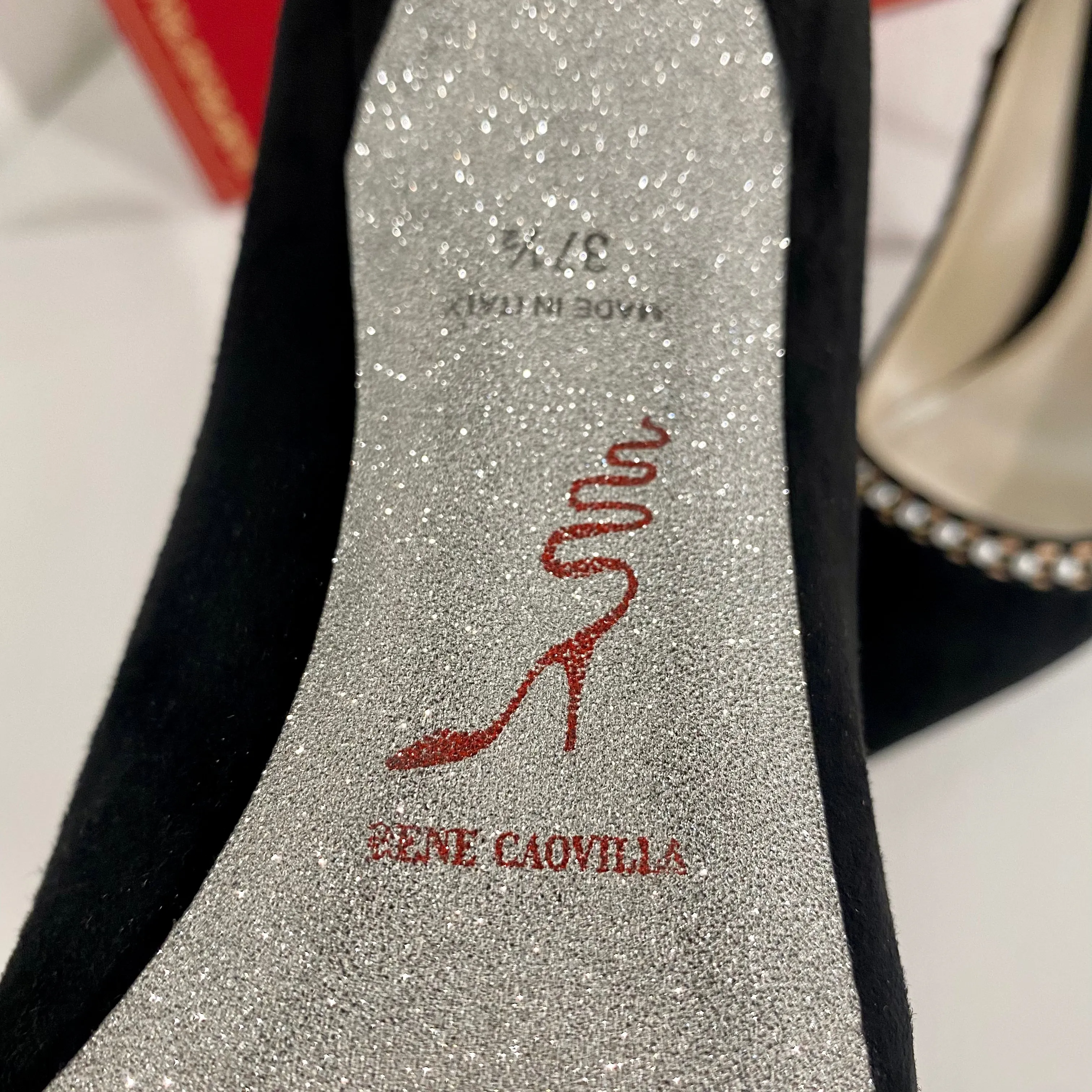 Rene Caovilla Black Suede Pearl Heels