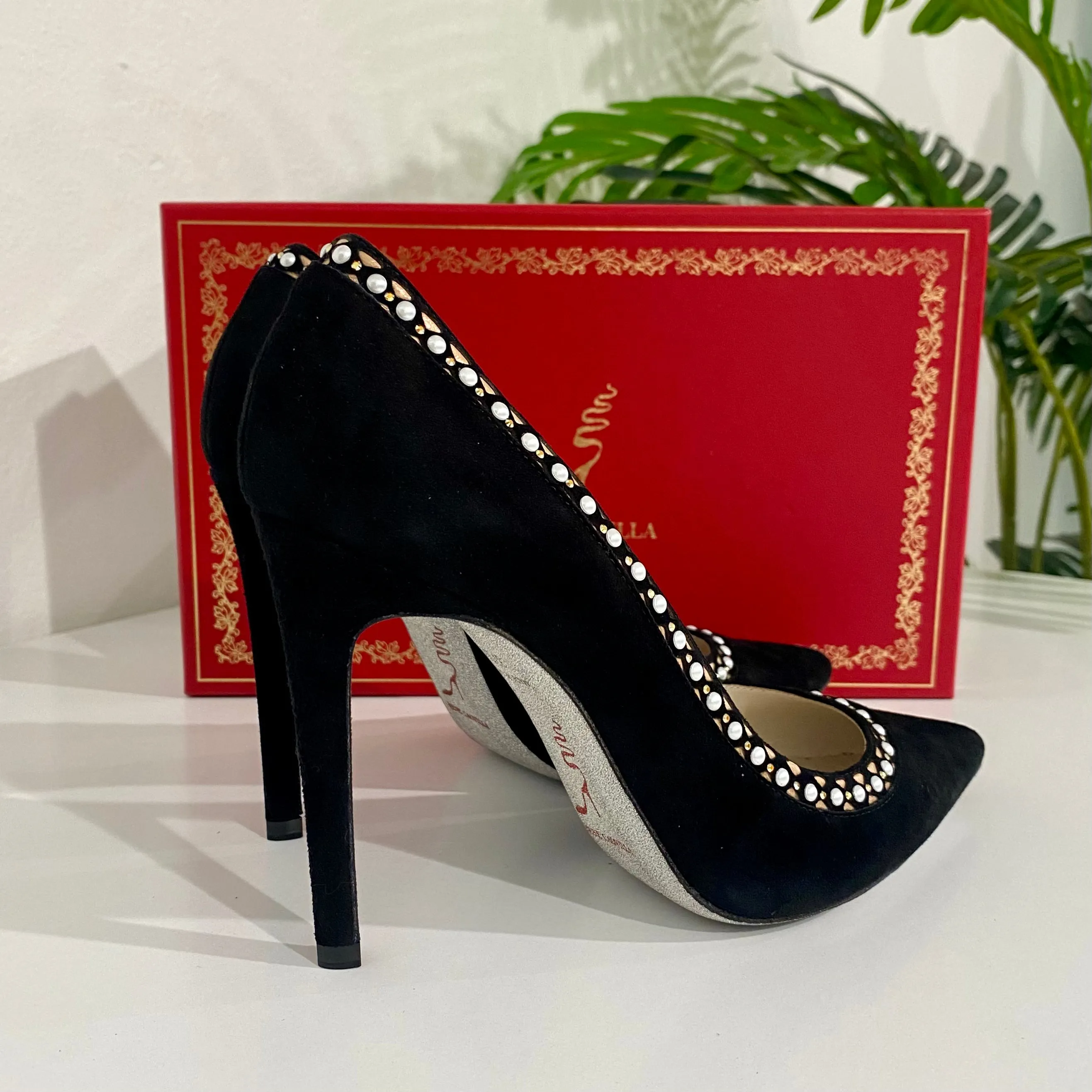 Rene Caovilla Black Suede Pearl Heels