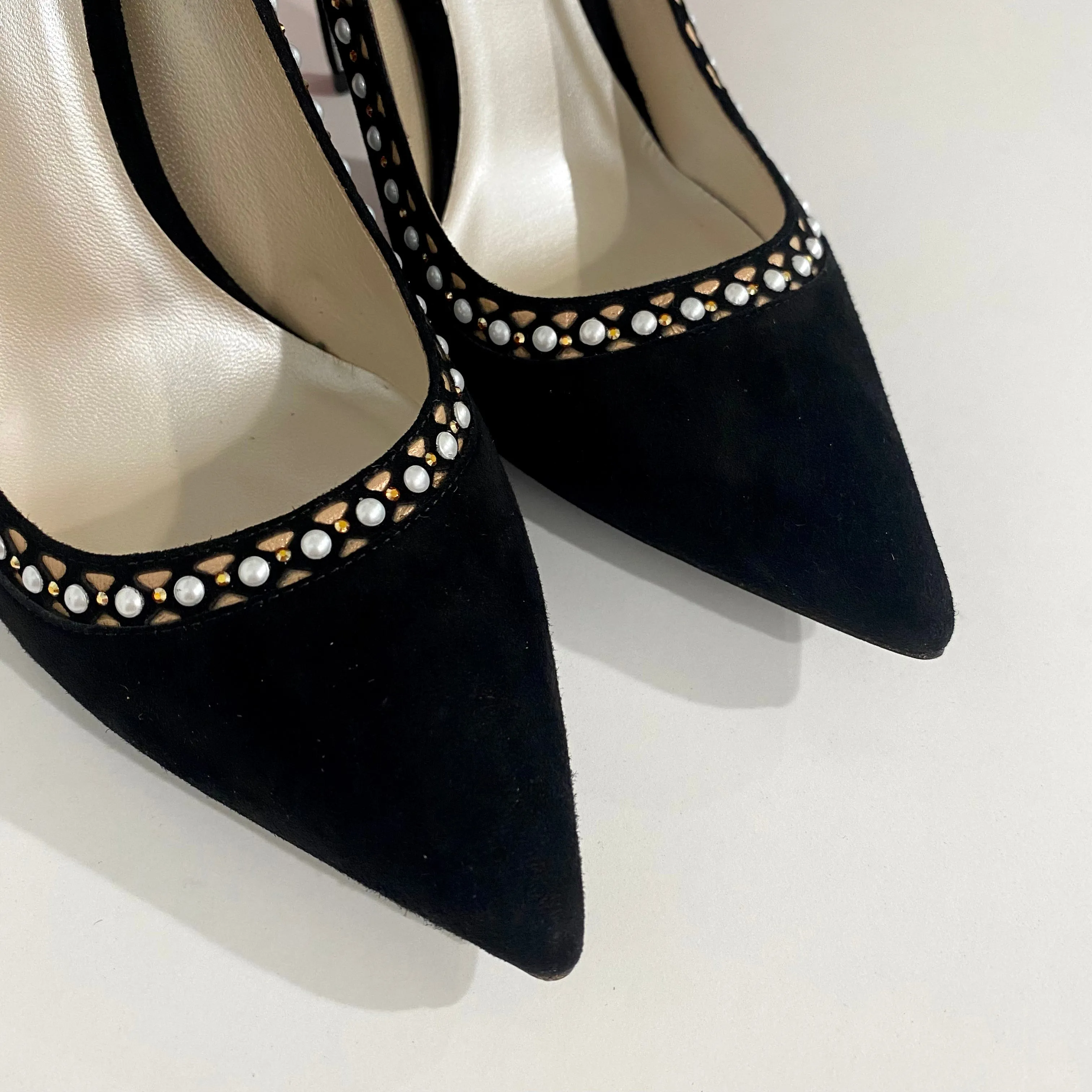 Rene Caovilla Black Suede Pearl Heels