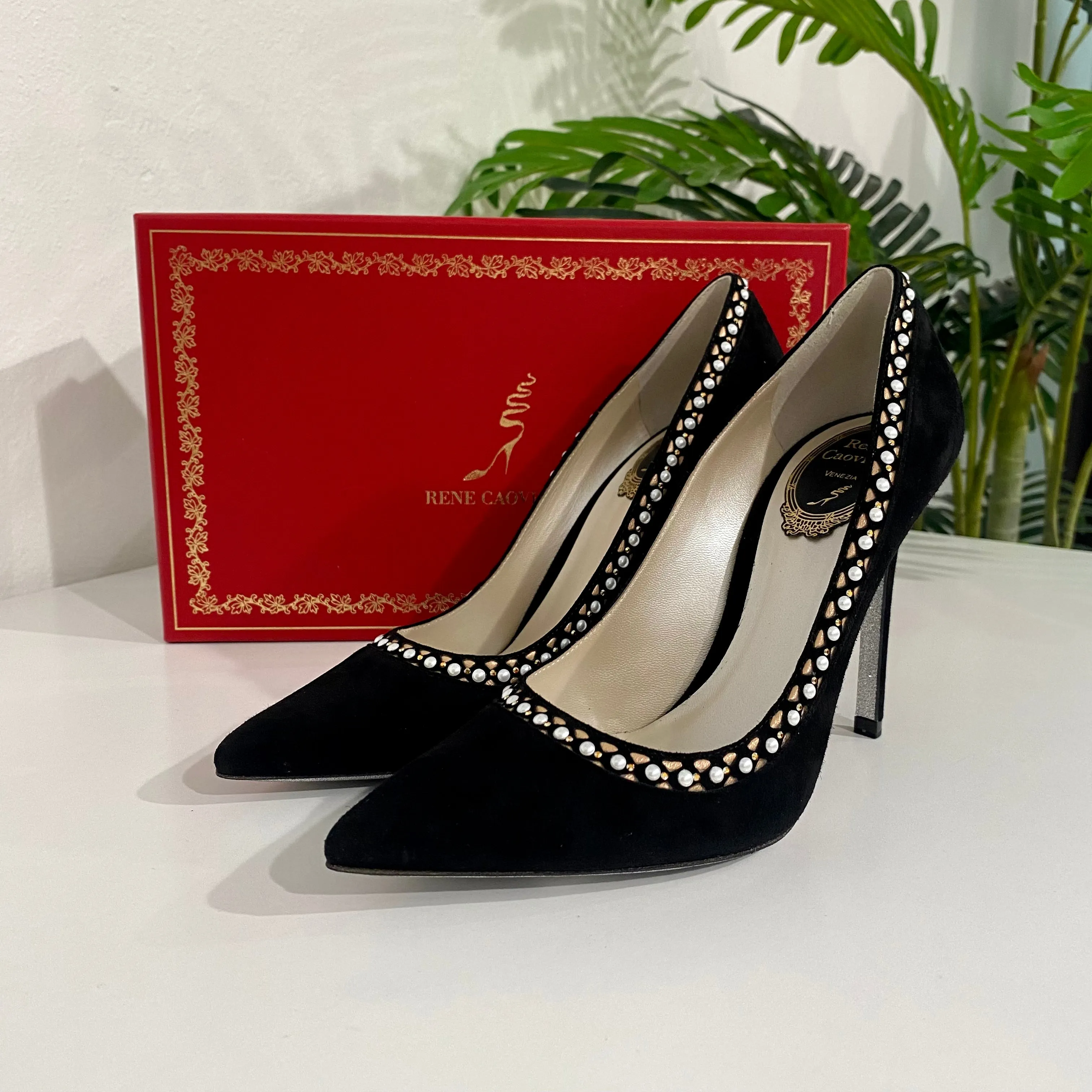 Rene Caovilla Black Suede Pearl Heels