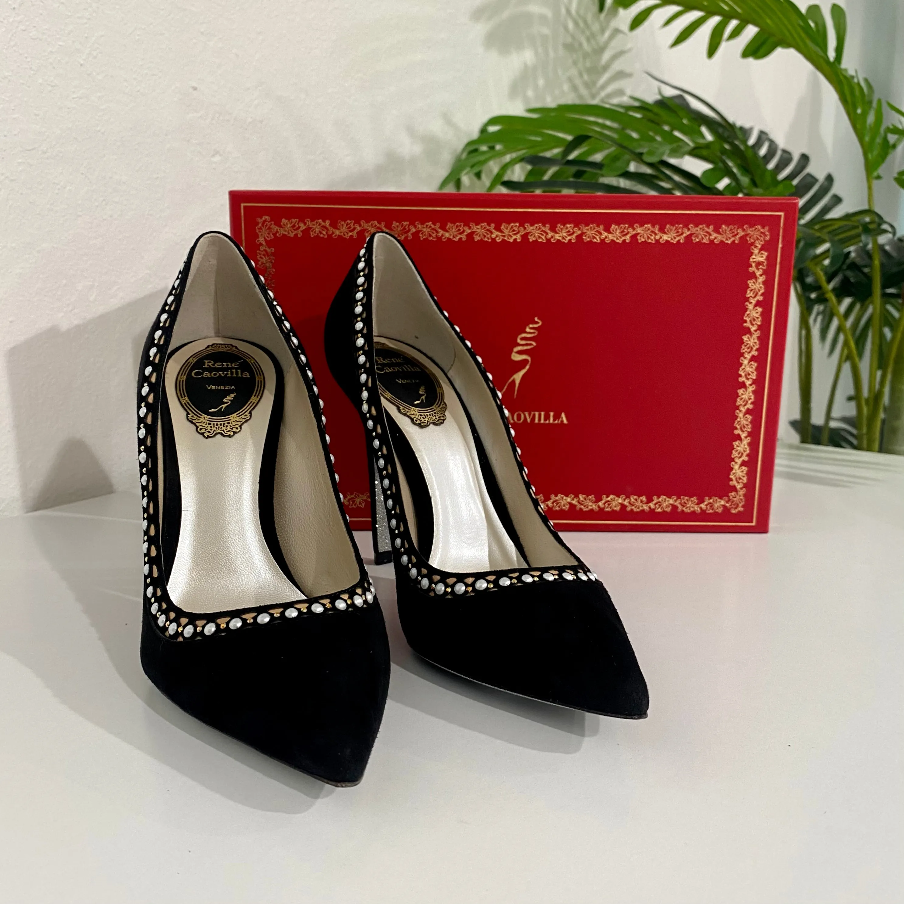 Rene Caovilla Black Suede Pearl Heels