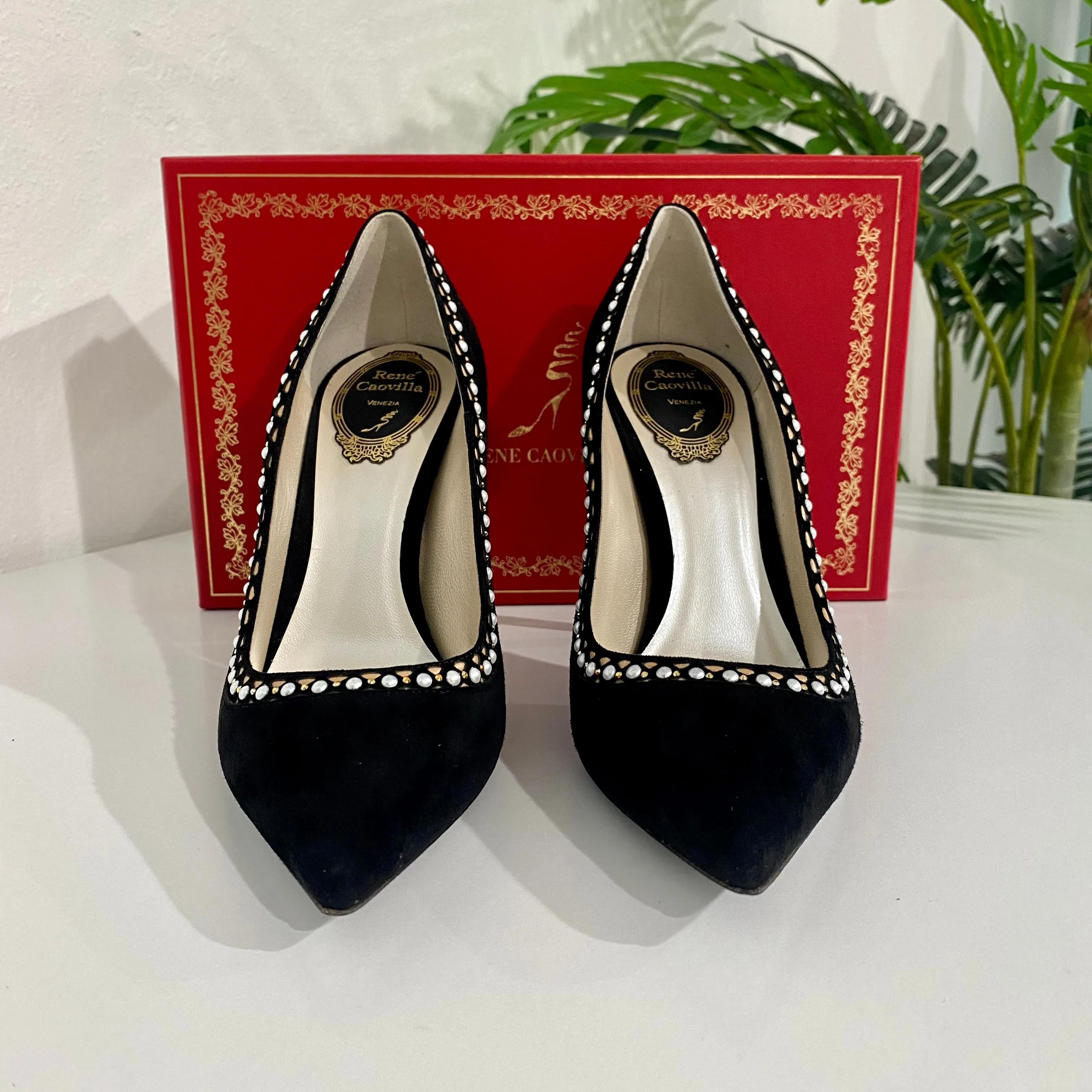 Rene Caovilla Black Suede Pearl Heels