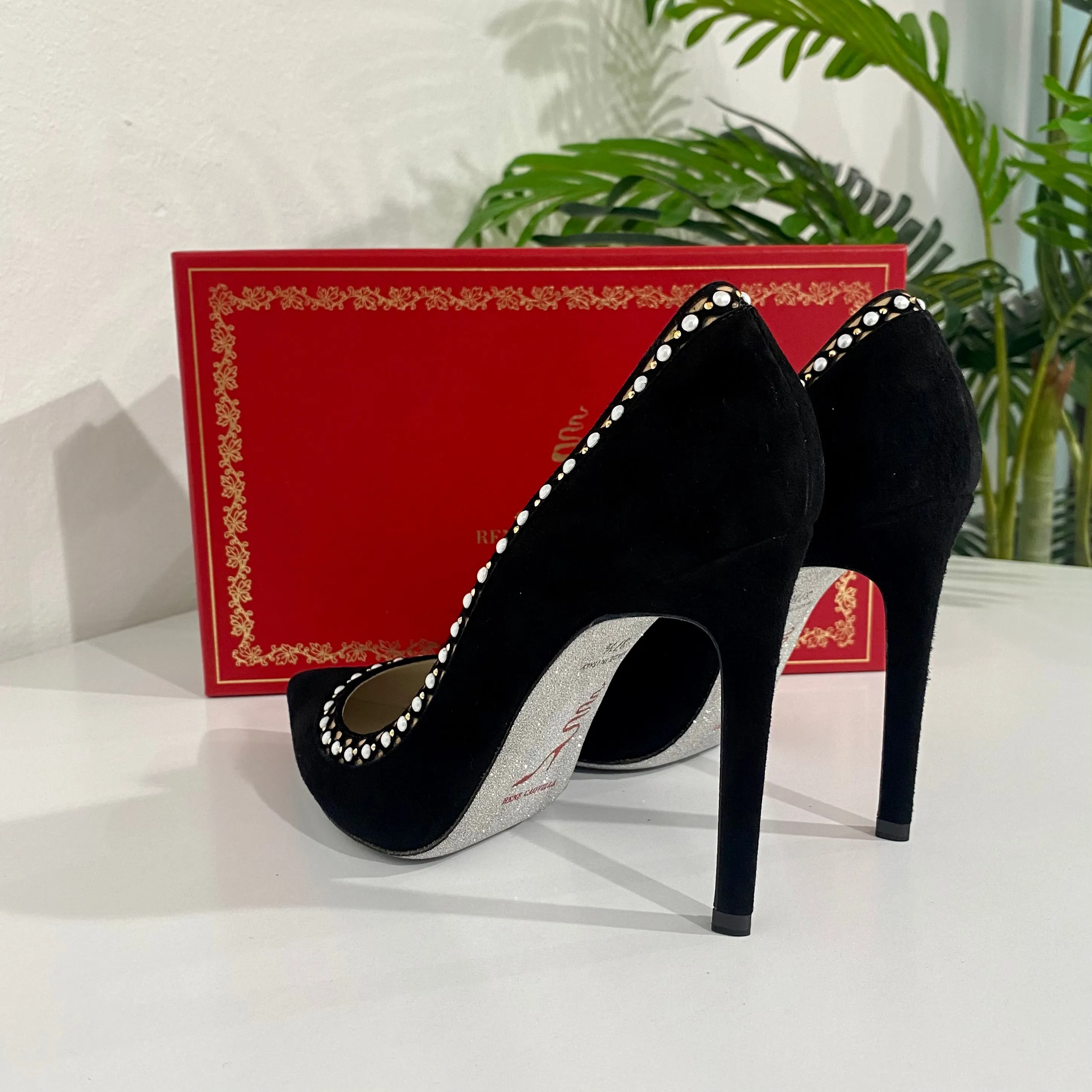 Rene Caovilla Black Suede Pearl Heels