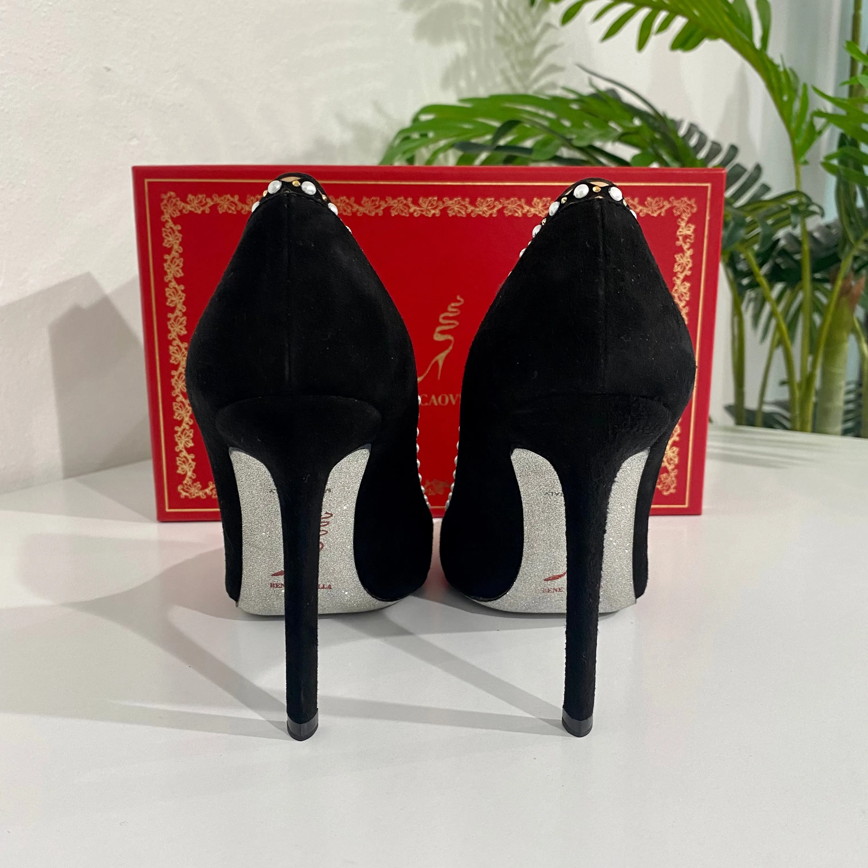 Rene Caovilla Black Suede Pearl Heels
