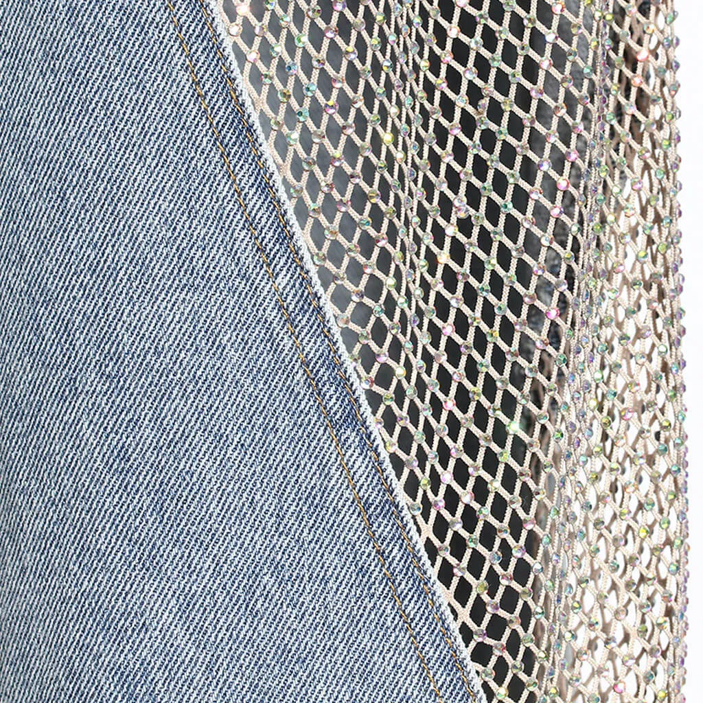 Retro High Waist Sheer Fishnet Crystal Embellished Hybrid Wide Leg Denim Jeans