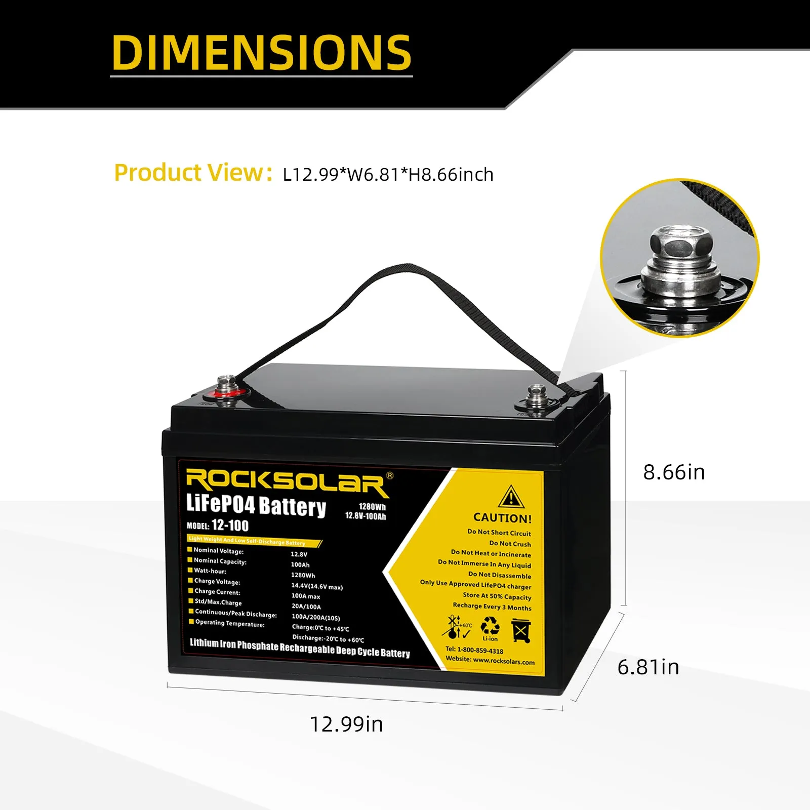 ROCKSOLAR 12V 100Ah Deep Cycle Lithium Battery (LIFEPO4)