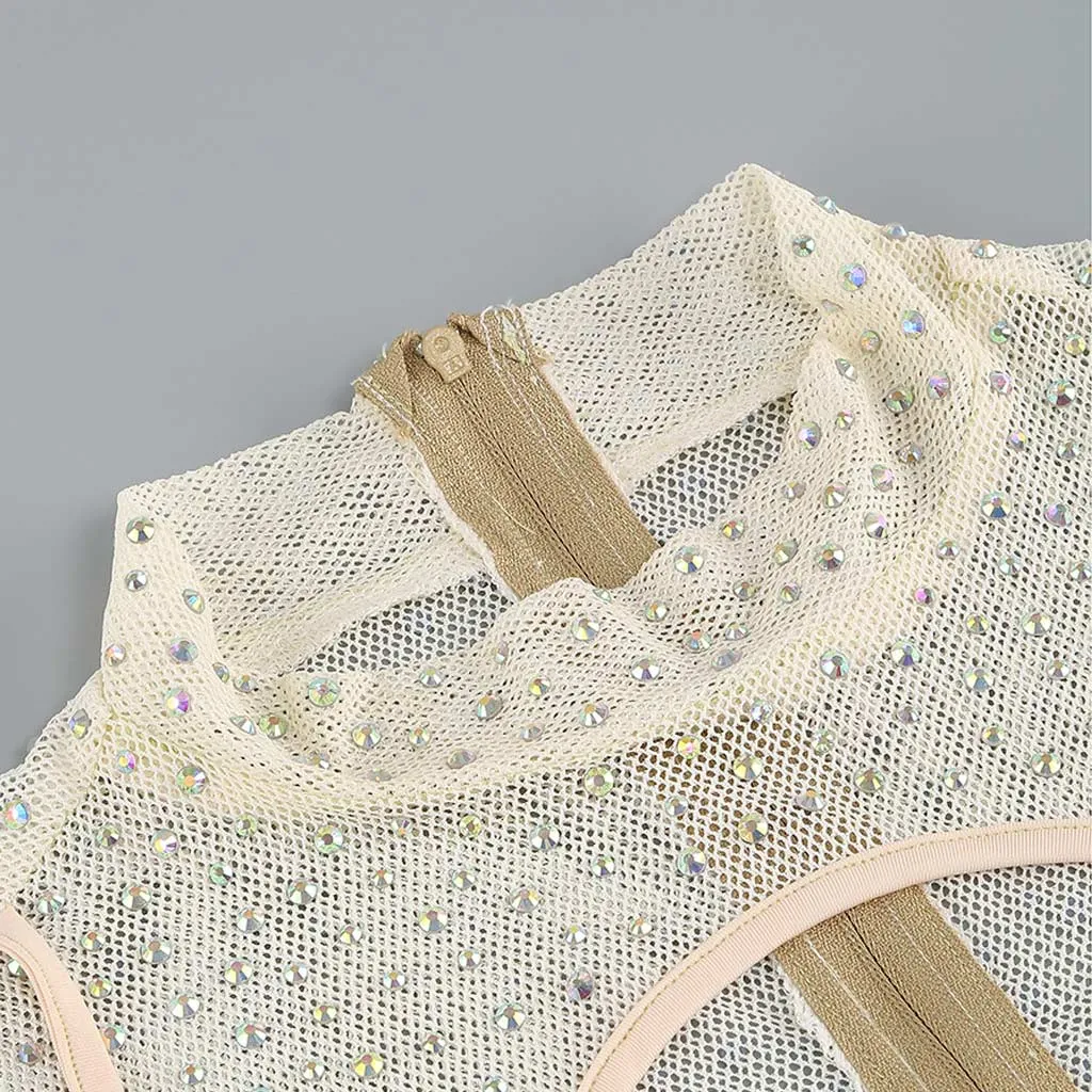 Sexy Sequin Wrapped Bra Cutout Rhinestone Fishnet Club Mini Dress