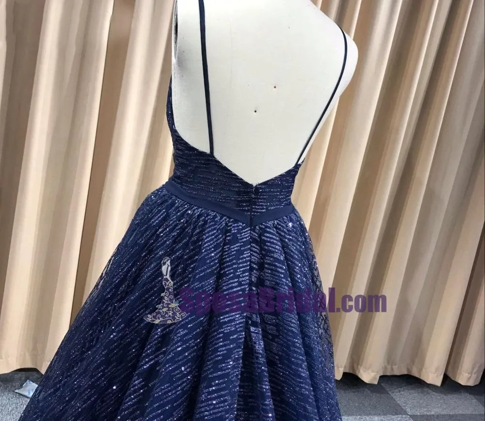 Spaghetti Straps Free Custom Made Sexy Glitter Deep-V Neck Prom Dresses, Elegant A Line Backless Cheap Long  Prom Dress, PD0741