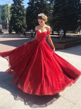 Sparkly Off Shoulder Red Long Prom Dress Glitter Evening Dresses PO010