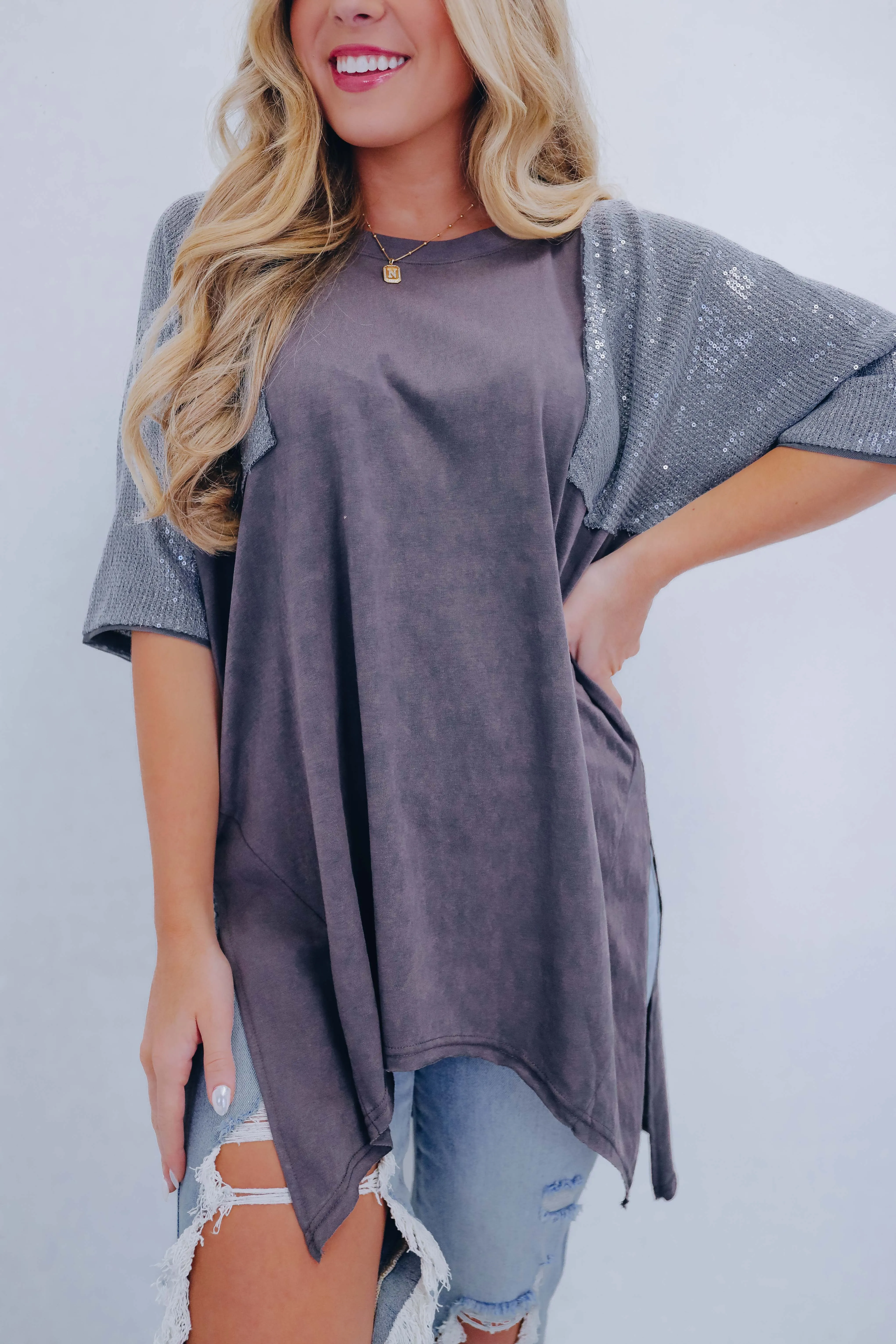 Sugar Sheen Side Slit Tunic Shirt- 2- Colors