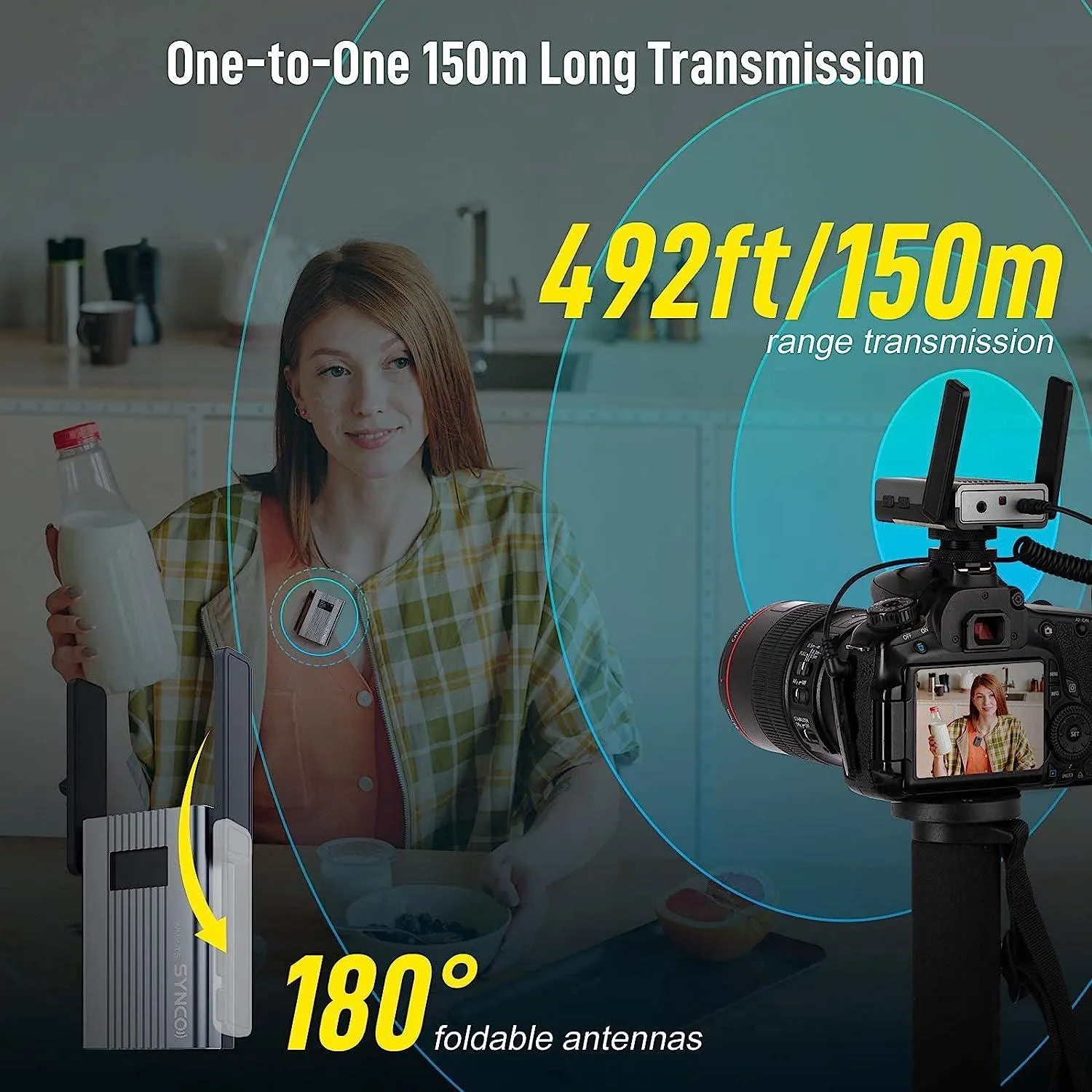SYNCO-(TS-Mini)-UHF-Wireless-Lavalier-Microphone-System, 1 Transmitter 1 Receiver Mic 60 Channels Real-time Monitoring 492ft for Smartphone, DSLR/Mirrorless, Camcorder, Laptop, Tablet