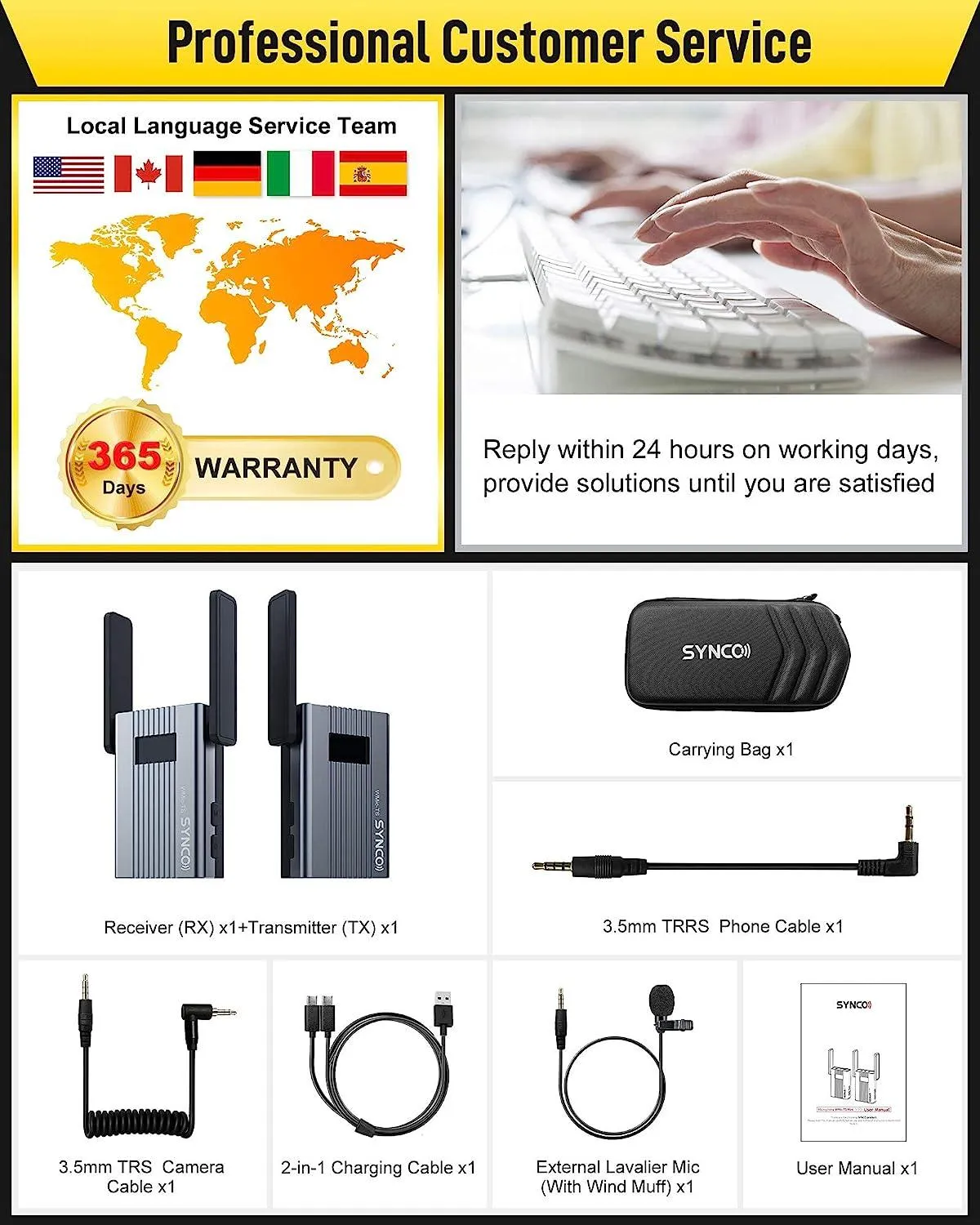 SYNCO-(TS-Mini)-UHF-Wireless-Lavalier-Microphone-System, 1 Transmitter 1 Receiver Mic 60 Channels Real-time Monitoring 492ft for Smartphone, DSLR/Mirrorless, Camcorder, Laptop, Tablet