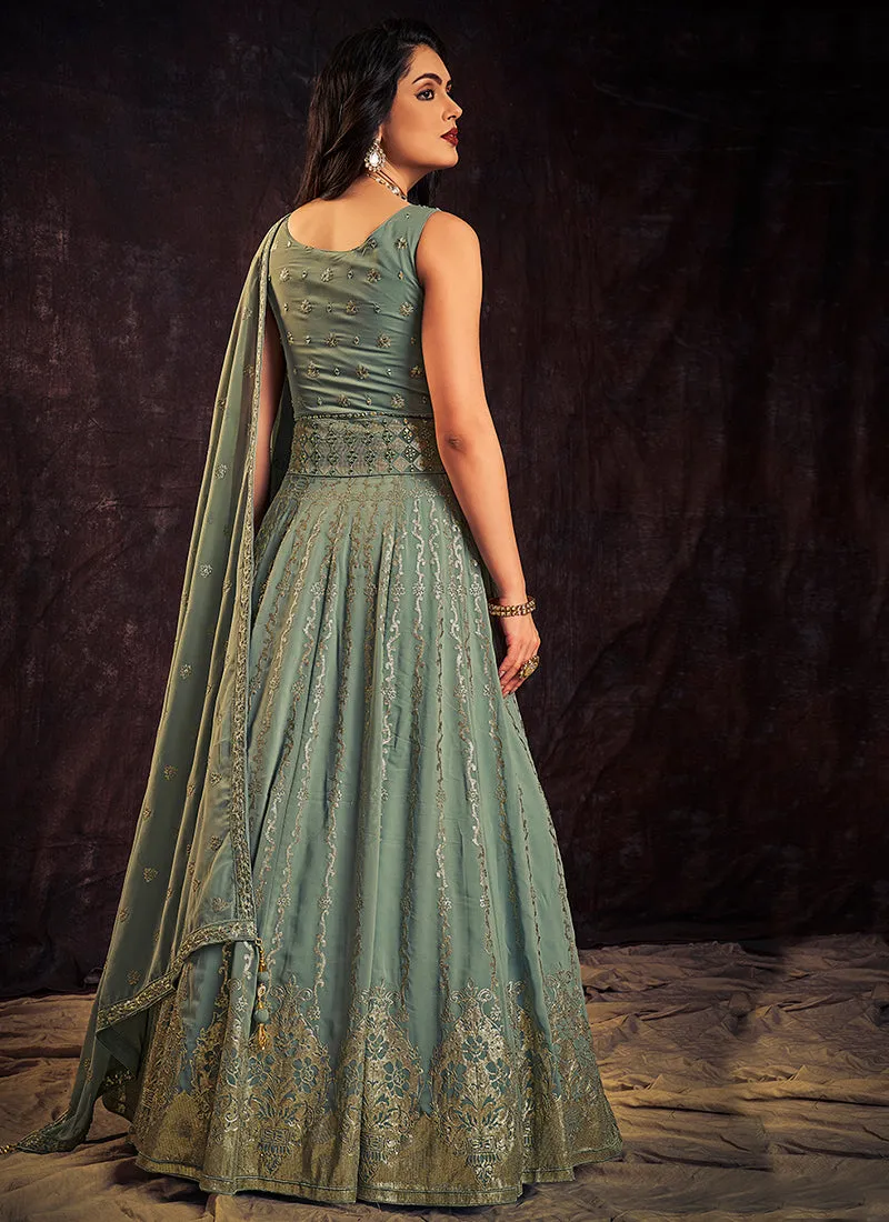 Teal Blue Sequence And Mirror Work Embroidery Anarkali Gown