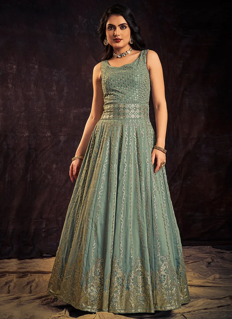 Teal Blue Sequence And Mirror Work Embroidery Anarkali Gown