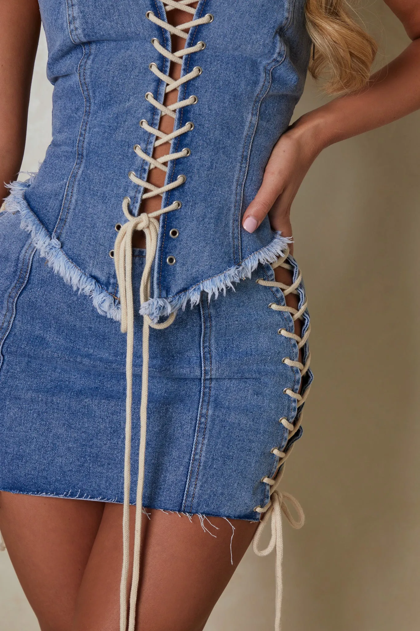 The Denim lace up skirt- Dark wash