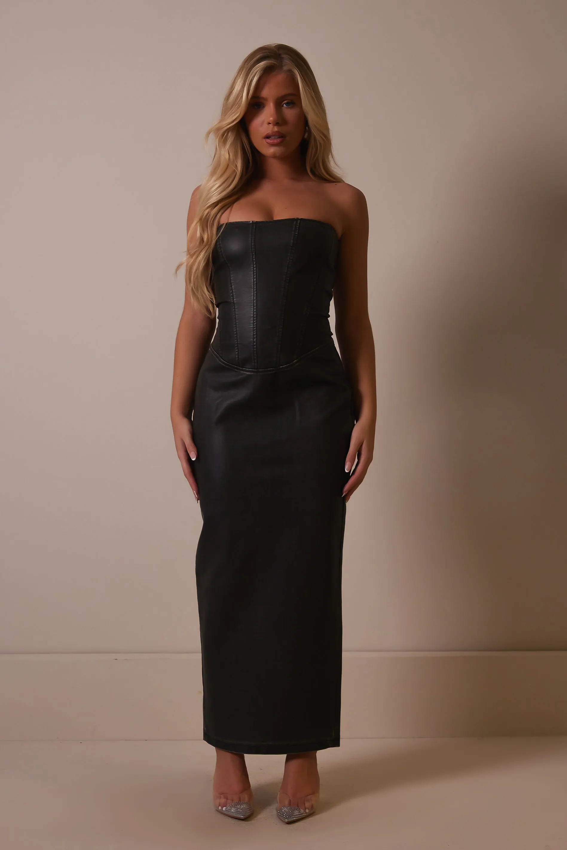 The distress wash leather midaxi- Dark wash