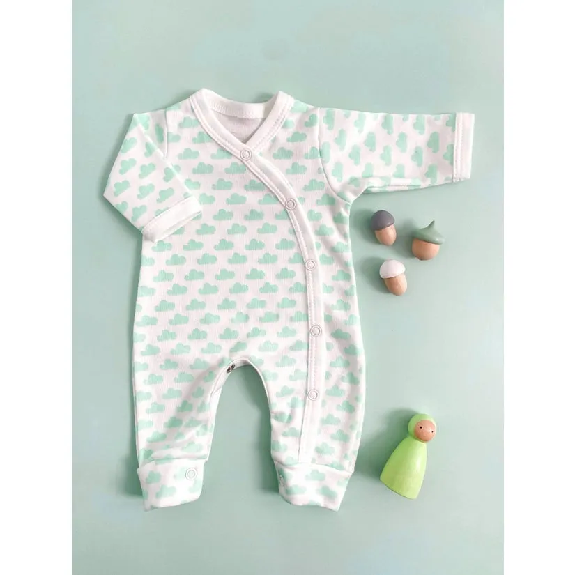 Tiny and Small Organic Cotton Preemie Sleepsuit - Mint Clouds