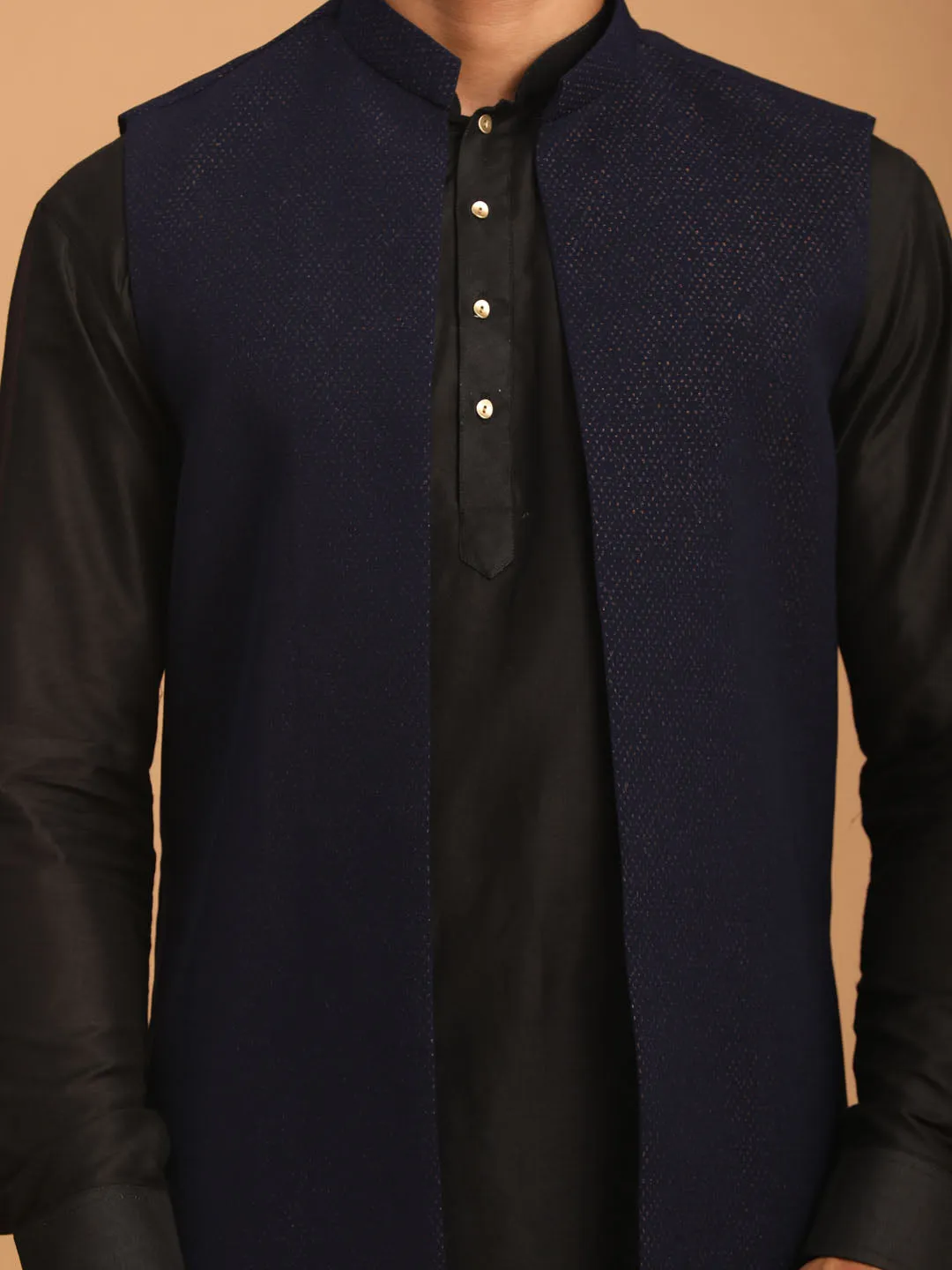 Vastramay Men's Navy Blue Glitter Jacket Set
