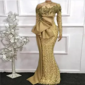 Wjczt 2024 Lace Mermaid Evening Dresses Women's Plus Size Glitter Gold Sequins Long Sleeves Beaded Prom Party Gowns Robe De Soiree فسا