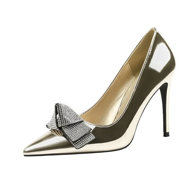 woman wedding slip on pumps luxury high heels  fashion crystal bow shallow