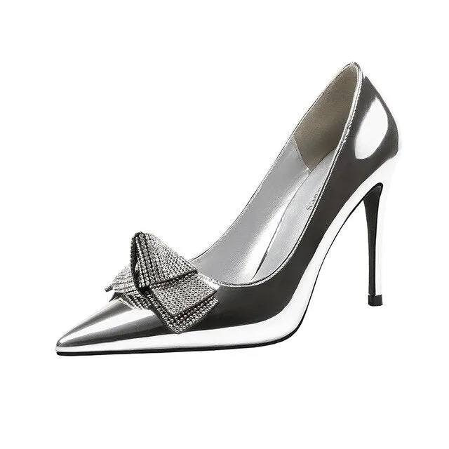 woman wedding slip on pumps luxury high heels  fashion crystal bow shallow