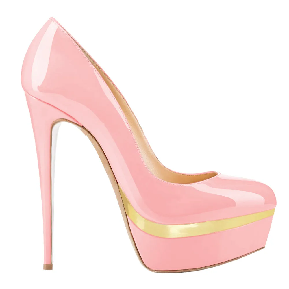 Women Pink Gold Patent Leather Pumps Sexy 14cm Party High Heels with platform