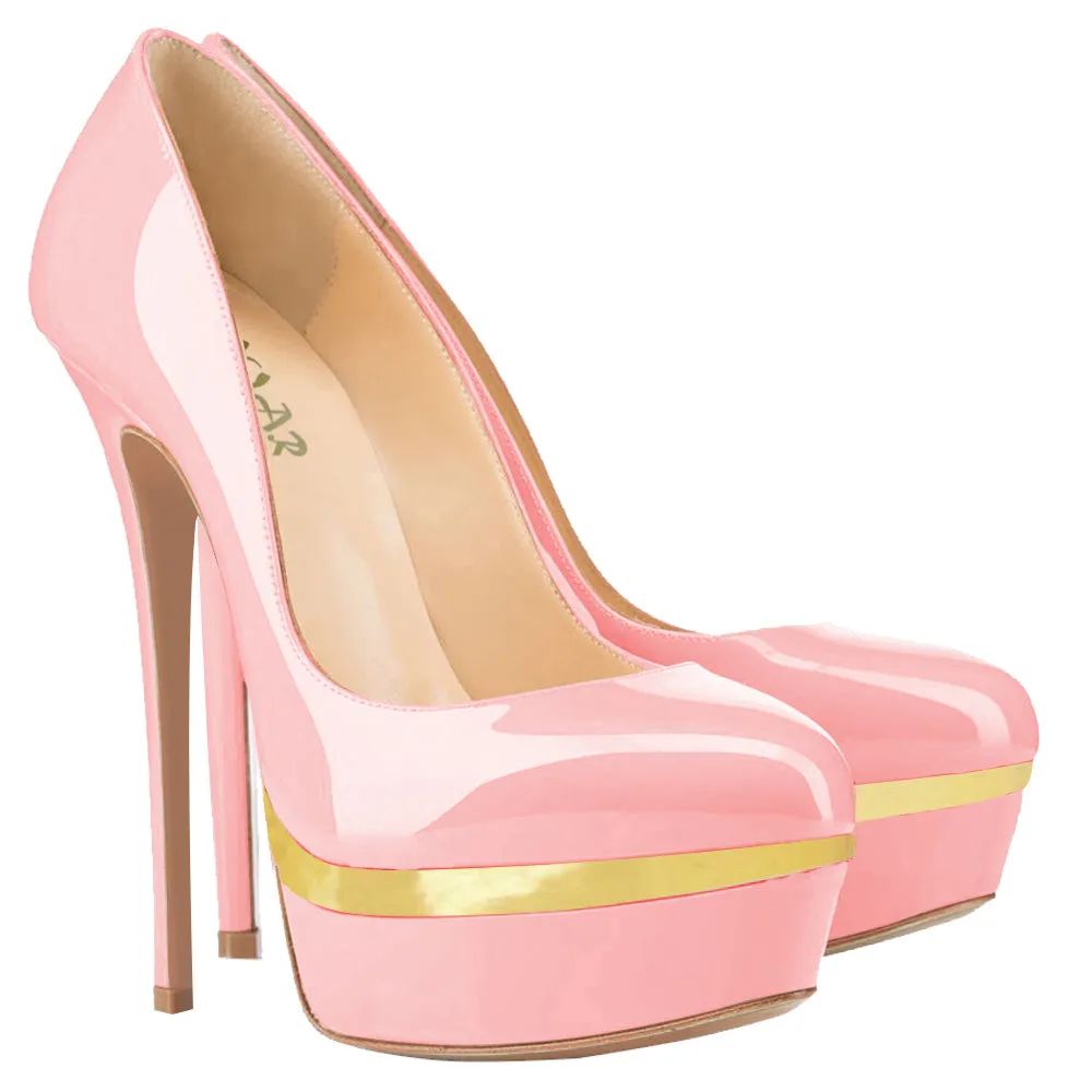 Women Pink Gold Patent Leather Pumps Sexy 14cm Party High Heels with platform