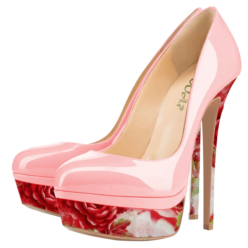 Women Sexy 14cm Pink Floral Pumps Party High Heels with platform