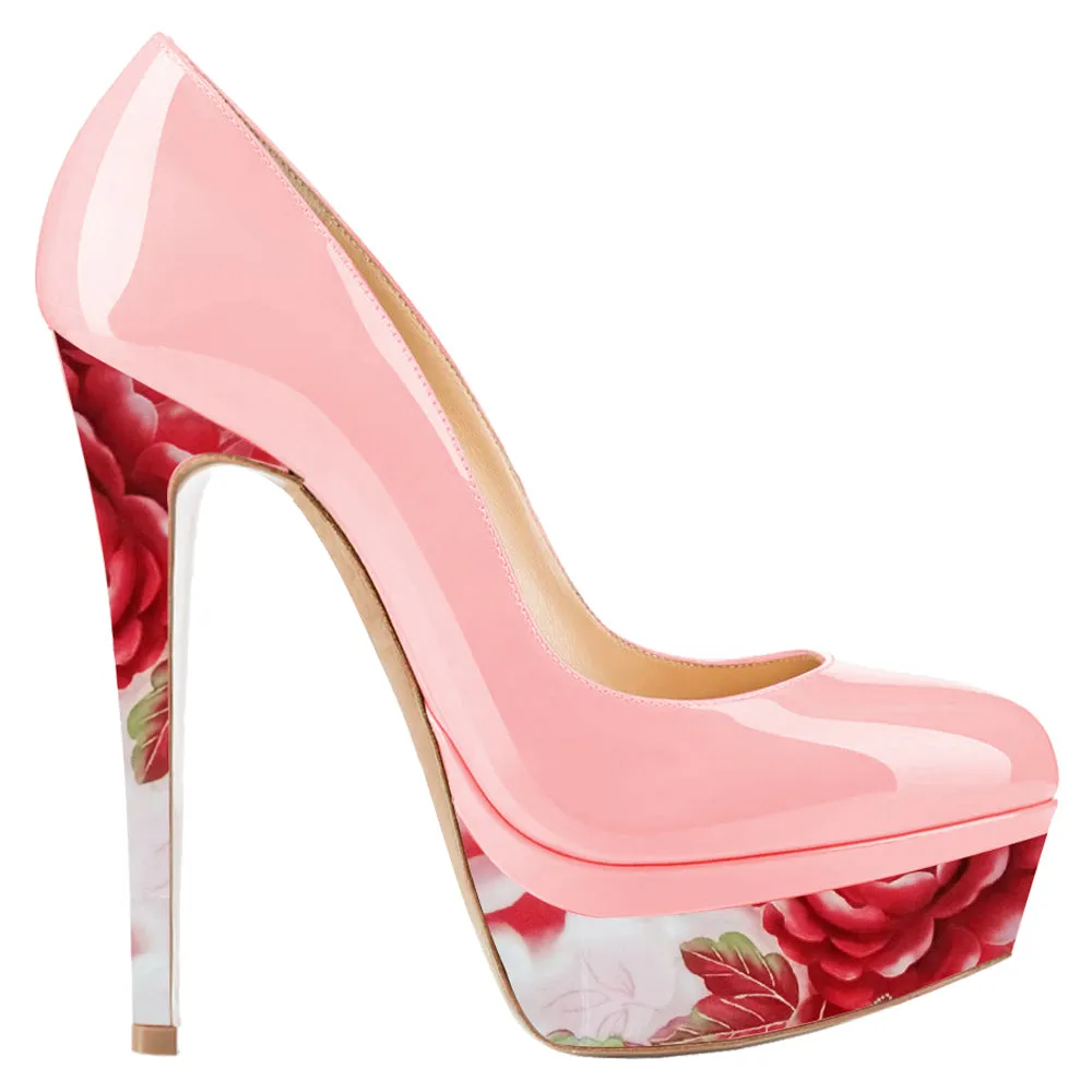 Women Sexy 14cm Pink Floral Pumps Party High Heels with platform