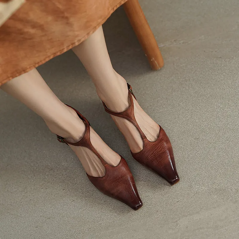 Women's 50mm Block Heel Leather T-strap Mary Jane Shoes For Summer in Brown/Black