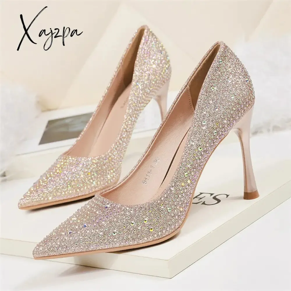 Xajzpa - 2023 Women 6.5cm 9.5cm High Heels Glitter Low Heels Evening Rhinestone Pumps Lady Wedding Bridal Bling Crystal Scarpins Shoes