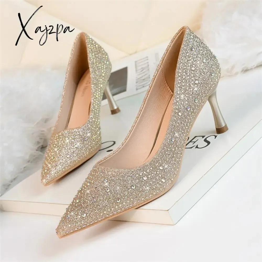 Xajzpa - 2023 Women 6.5cm 9.5cm High Heels Glitter Low Heels Evening Rhinestone Pumps Lady Wedding Bridal Bling Crystal Scarpins Shoes