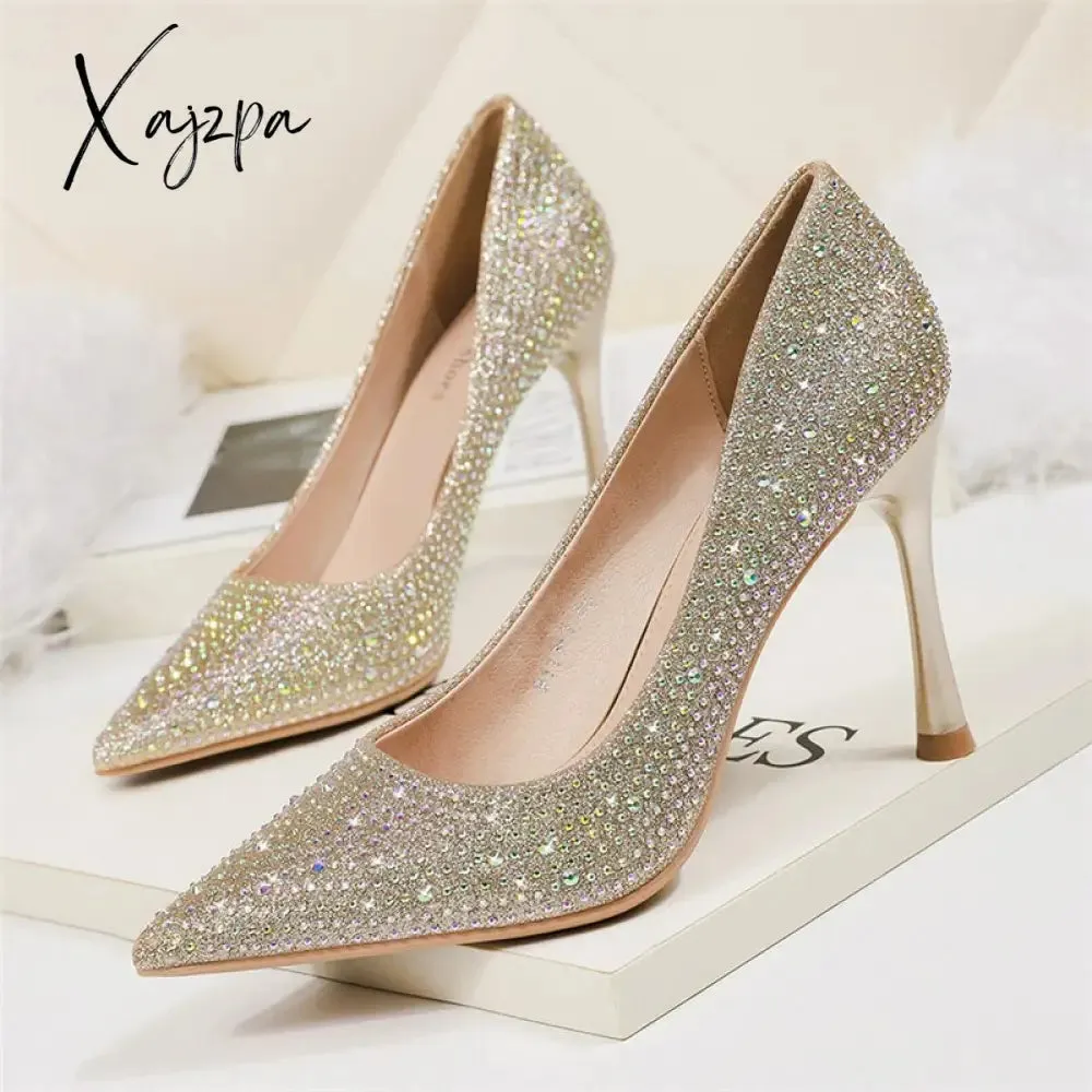 Xajzpa - 2023 Women 6.5cm 9.5cm High Heels Glitter Low Heels Evening Rhinestone Pumps Lady Wedding Bridal Bling Crystal Scarpins Shoes