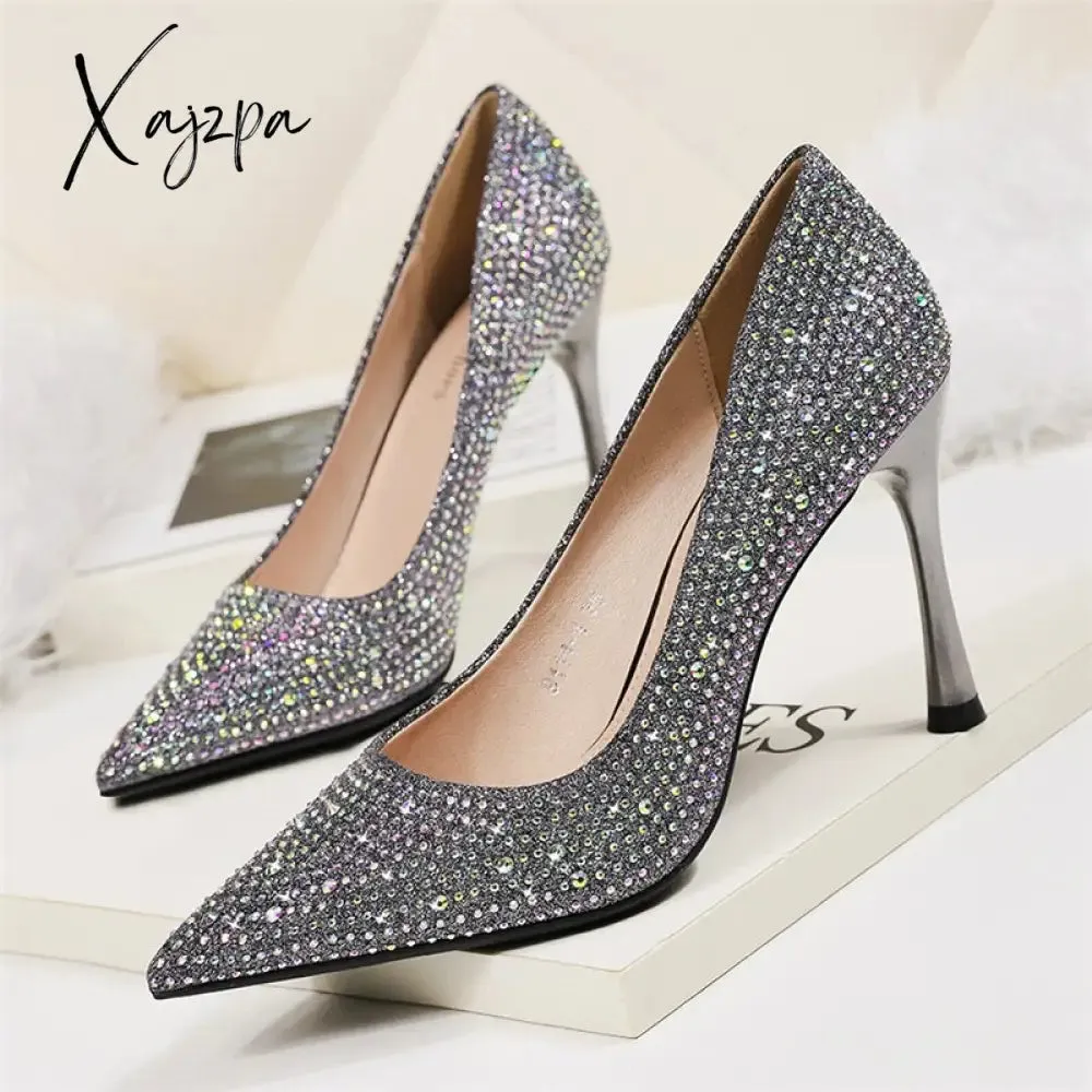 Xajzpa - 2023 Women 6.5cm 9.5cm High Heels Glitter Low Heels Evening Rhinestone Pumps Lady Wedding Bridal Bling Crystal Scarpins Shoes