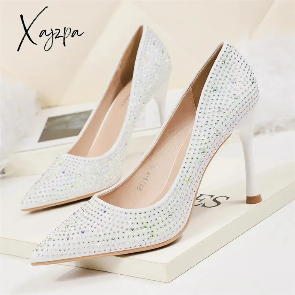 Xajzpa - 2023 Women 6.5cm 9.5cm High Heels Glitter Low Heels Evening Rhinestone Pumps Lady Wedding Bridal Bling Crystal Scarpins Shoes