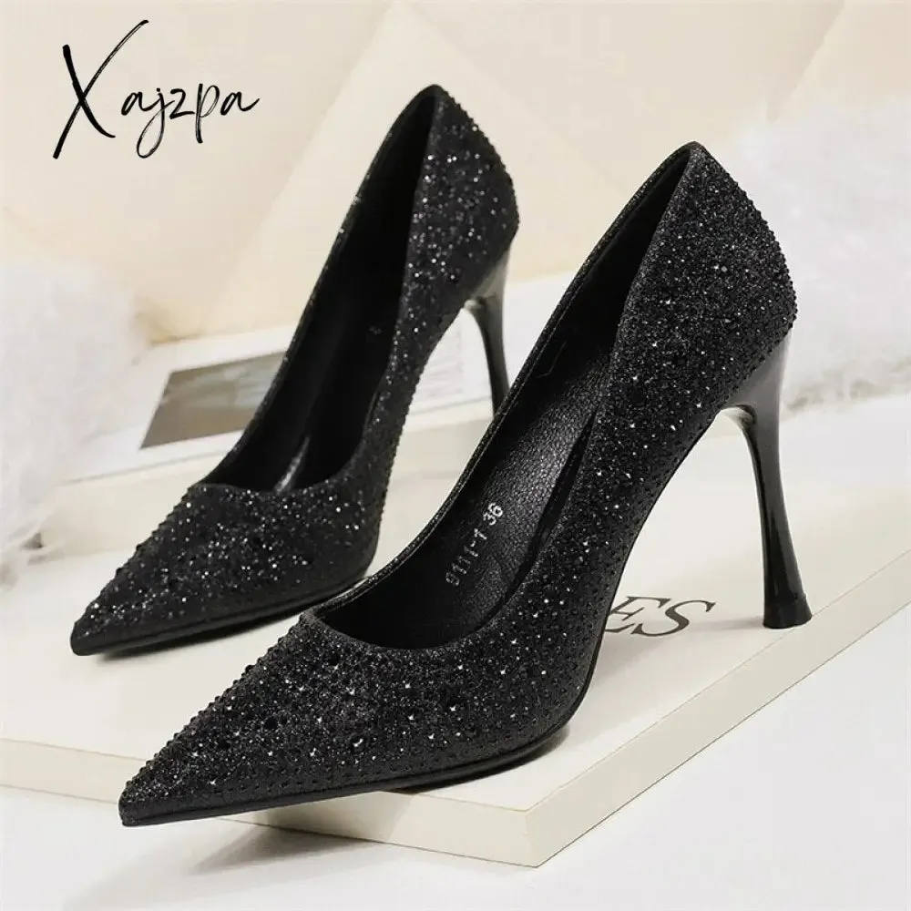 Xajzpa - 2023 Women 6.5cm 9.5cm High Heels Glitter Low Heels Evening Rhinestone Pumps Lady Wedding Bridal Bling Crystal Scarpins Shoes
