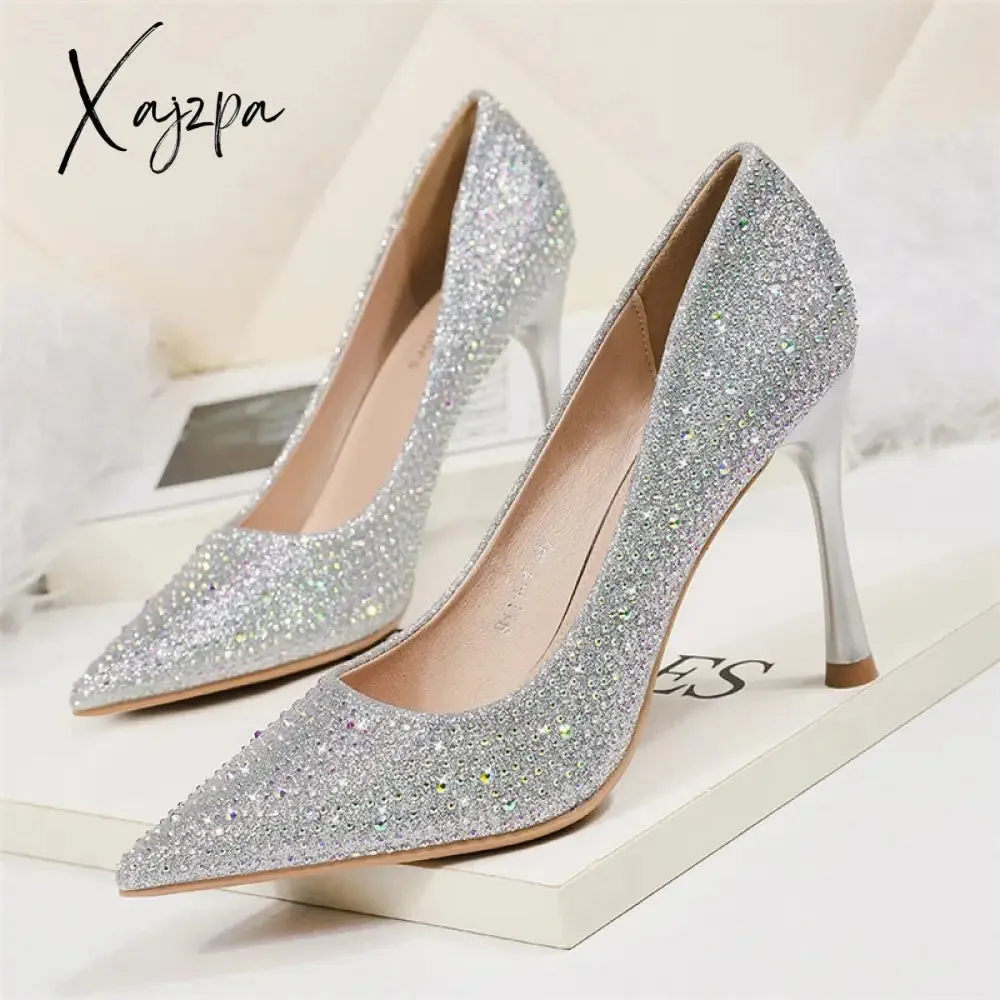 Xajzpa - 2023 Women 6.5cm 9.5cm High Heels Glitter Low Heels Evening Rhinestone Pumps Lady Wedding Bridal Bling Crystal Scarpins Shoes