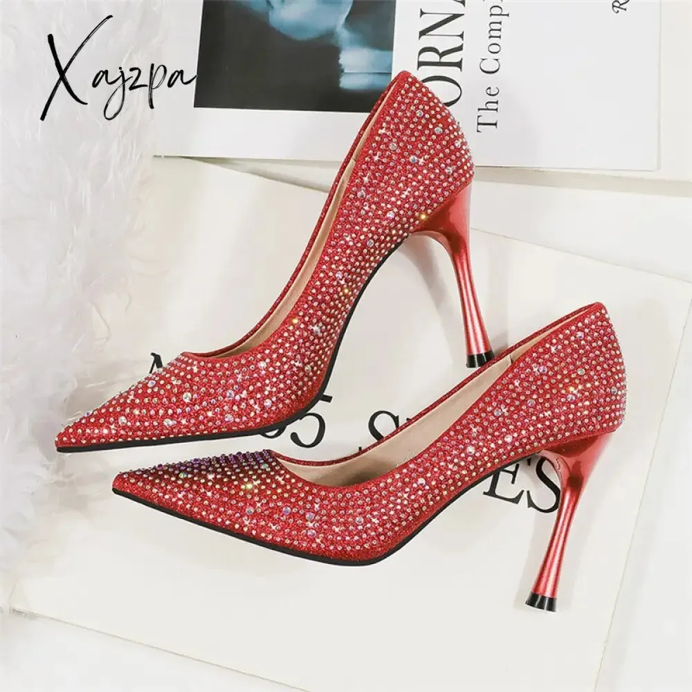 Xajzpa - 2023 Women 6.5cm 9.5cm High Heels Glitter Low Heels Evening Rhinestone Pumps Lady Wedding Bridal Bling Crystal Scarpins Shoes