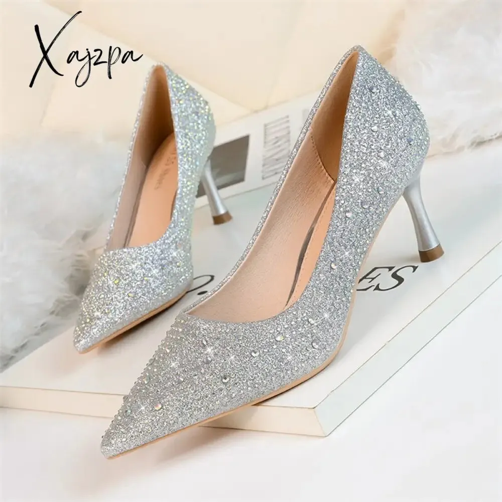 Xajzpa - 2023 Women 6.5cm 9.5cm High Heels Glitter Low Heels Evening Rhinestone Pumps Lady Wedding Bridal Bling Crystal Scarpins Shoes