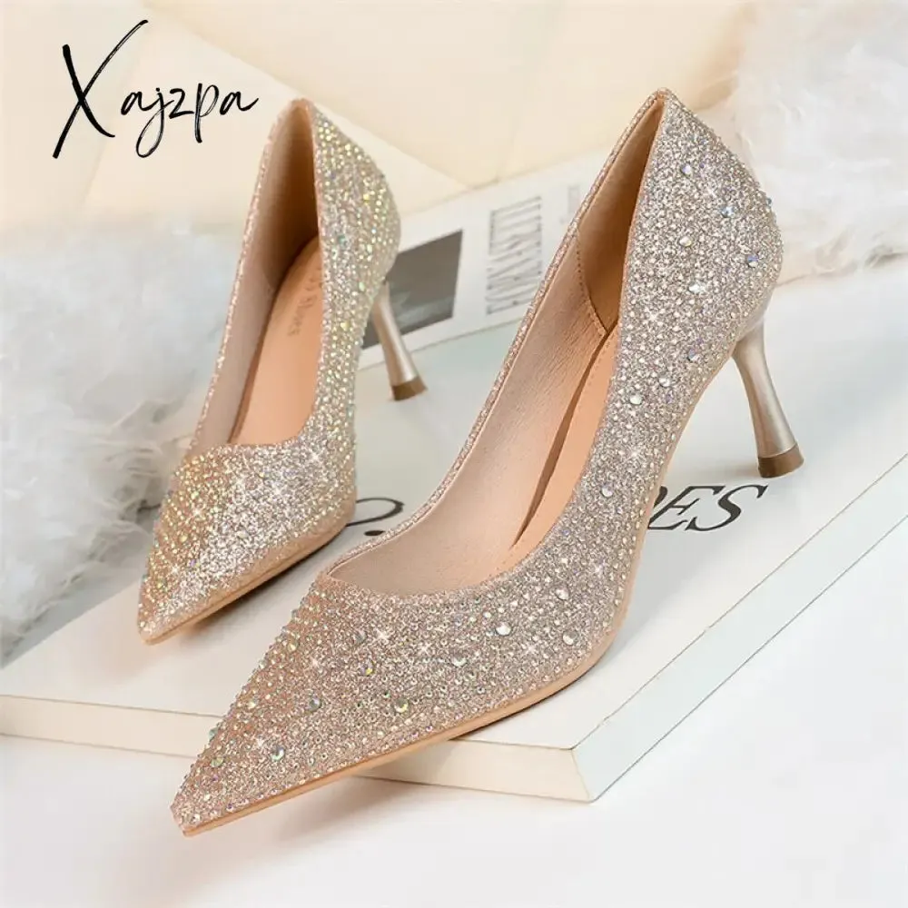 Xajzpa - 2023 Women 6.5cm 9.5cm High Heels Glitter Low Heels Evening Rhinestone Pumps Lady Wedding Bridal Bling Crystal Scarpins Shoes